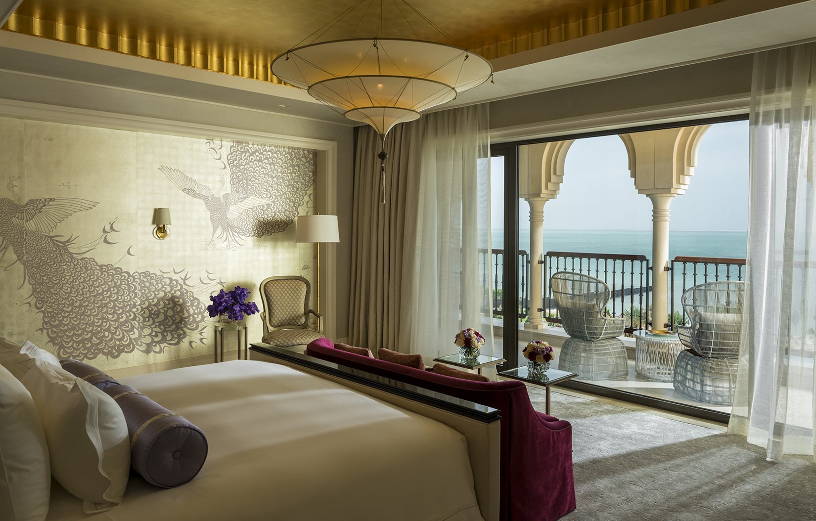 1.-Royal-Suite-at-Four-Seasons-Hotel--Jumeirah-Beach--Dubai.--Whistler-Peacocks--design-in-custom-colourway-on-12-Carat-White-Gold-gilded-silk-yeet-magazine